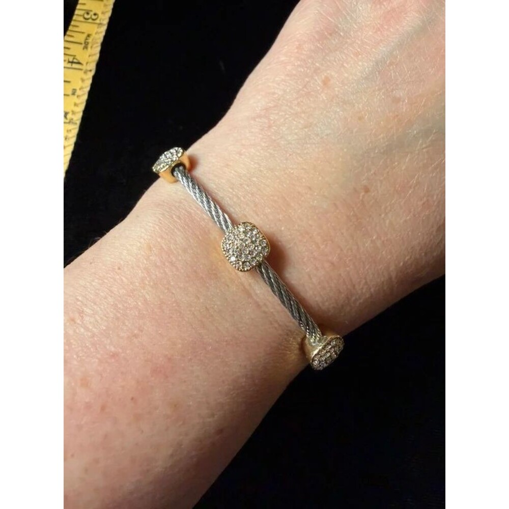 Two Tone Cable Wire Rhinestone Magnetic Cuff Bracelet